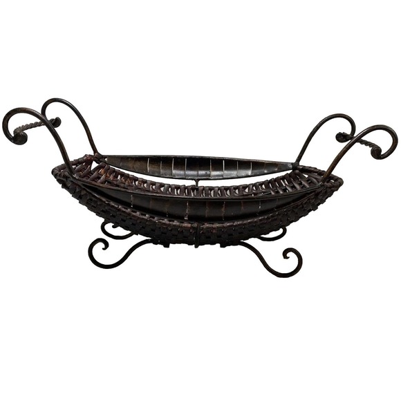 Woven Brown Wicker Wrought Iron Embellished Oval Large Fruit Heavy Basket MCM - Picture 4 of 11